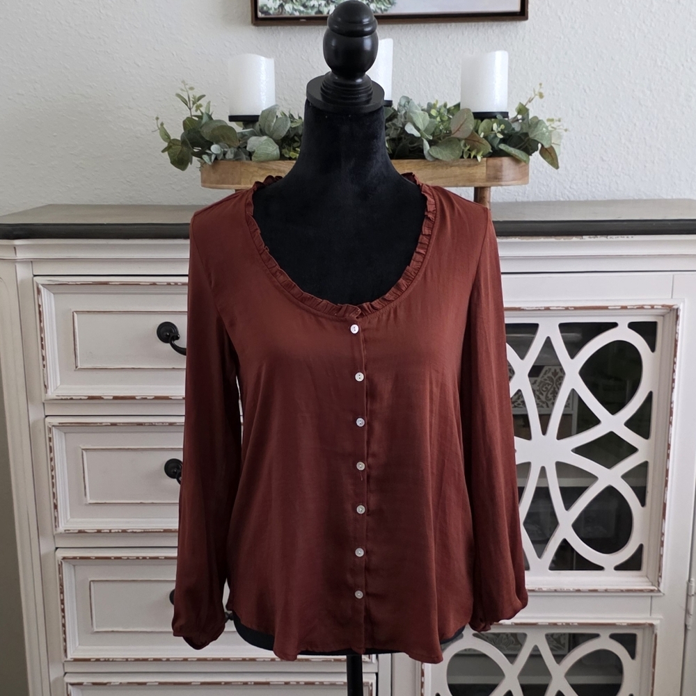Anthropologie Women's Button-Up Ruffle Blouse - Brown